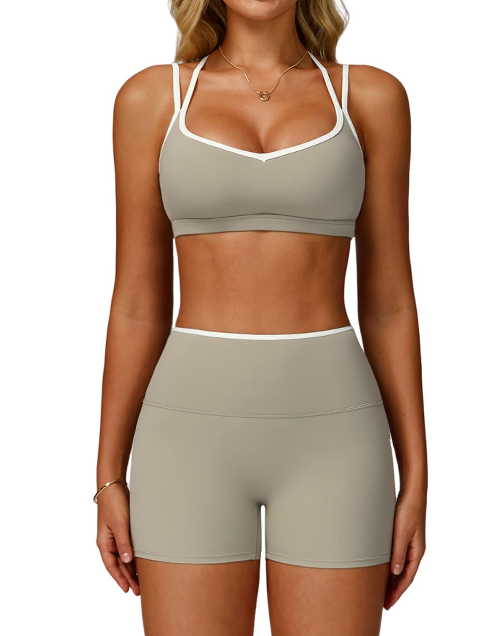 Photo 1 of (MISSING TOP) Two Piece Workout Sets For Women Sleeveless Backless Sport Bra Matching High Waist Scrunch Butt Biker Shorts 2 Piece Gym Yoga Active Wear Outfits Womens Athletic Work Out Clothes Color Block Sand M