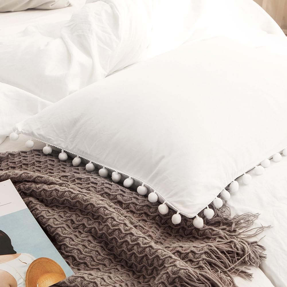 Photo 1 of White Pillowcases, Pom Poms Fringe Pillowcases, Pure White Boho Chic Pillow Shams, Ultra Soft Washed Microfiber 2 Pack Pillow Cover (King, White)