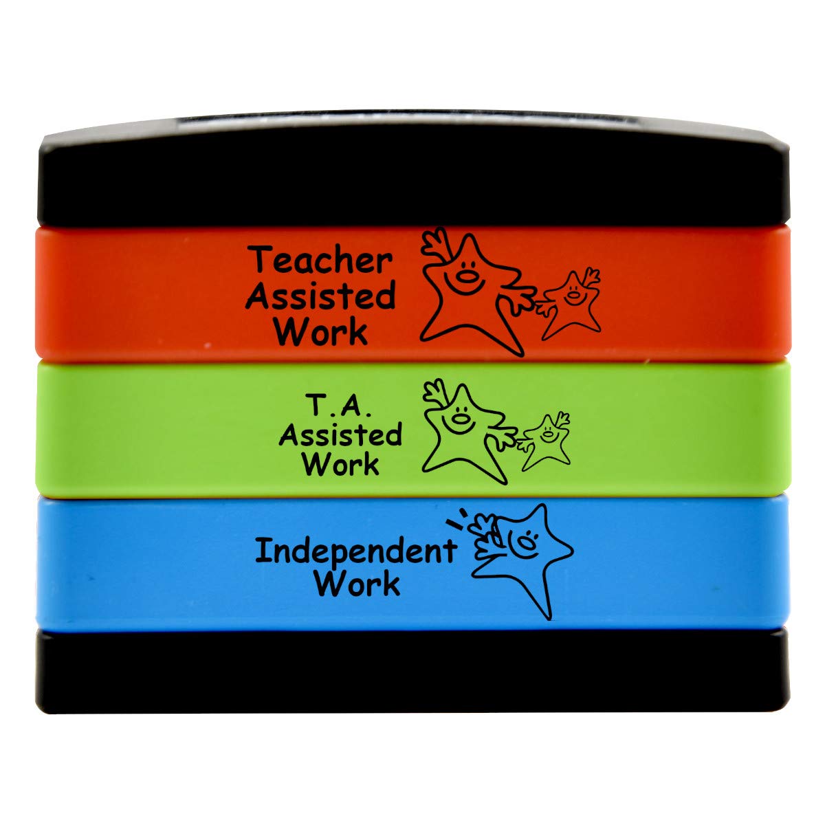 SuperStickers Multi Message 3-in-1 Stamp Stack for Teachers: Teacher Assisted Work/TA Assisted Work/Independent Work in Green, red and Blue Ink.