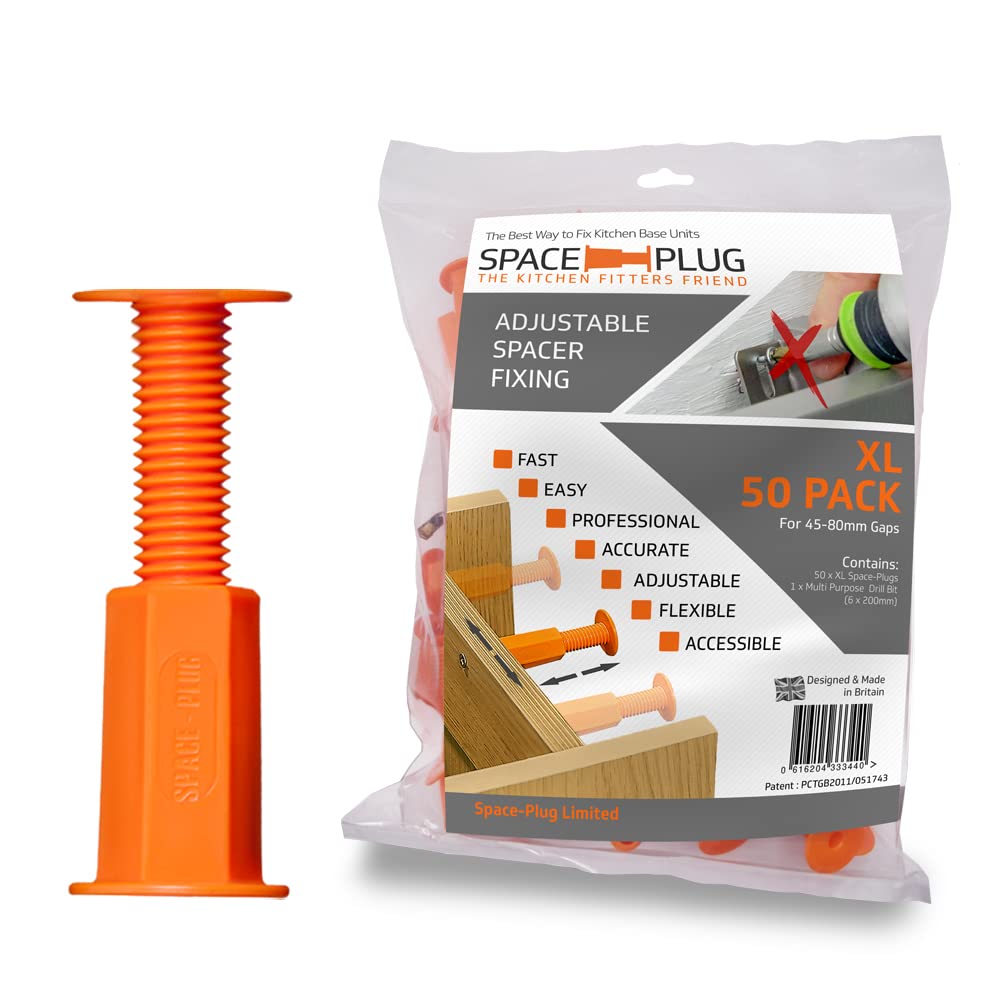 Space-Plug Adjustable Spacer Fixings (XL size for 45-80mm gaps), 50 Pack of Original Orange Spacers, Professional & DIY use for kitchen, bedroom, bathroom & furniture installations