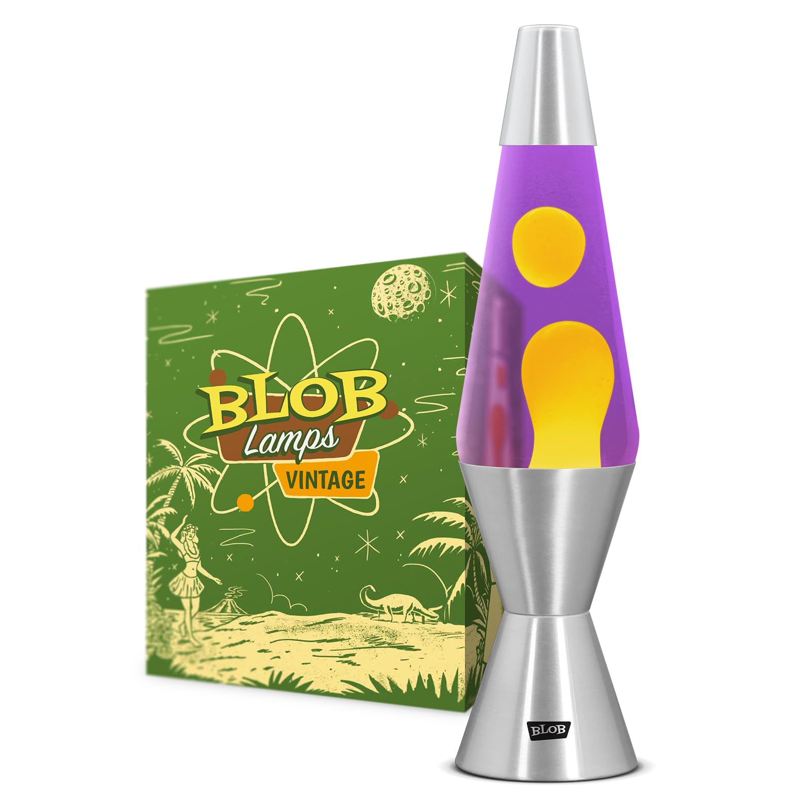 Blob Lamps® Liquid Motion Lamp Vintage Yellow Wax Purple Liquid Polished Metal Base & Cap 14.5” Mood Lamp Light