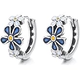 Kokoma Vintage Blue Daisy Flower Small Hoop Earrings for Women 925 Sterling Silver Daisy Huggie Hinged Hoops Cartilage Earrings Elegant Ear Jewelry Gifts for Birthday Party
