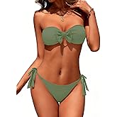 Zuvebamyo Women Bandeau Bikini Set Bowknot Strapless Cheeky Bathing Suits Tie Side Two Piece Swimsuit