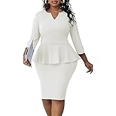 Runwind Plus Size Dresses for Curvy Women, Work Church Professional Office Vintage Peplum Pencil Dress V Neck 3/4 Sleeve