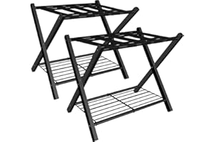 mocomax 2 Pack Folding Luggage Rack for Guest Room, Foldable Suitcase Stand Holder with Metal Storage Shelf for Bedroom, Living Room, Hotel Essentials, Heavy Duty Steel Frame, Black