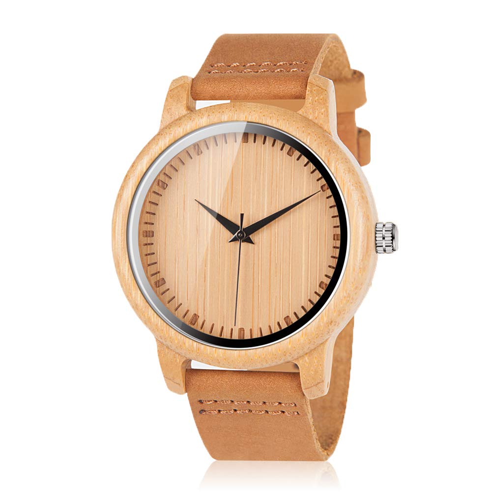 BOBO BIRD Men's Women's Bamboo Wooden Watch with Brown Cowhide Leather Strap Analog Quartz Casual Watches, Brown-Men, Quartz Movement