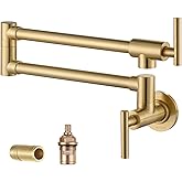 WOWOW Pot Filler Faucet Brushed Gold, Solid Brass Pot Filler Wall Mount Kitchen Stove Faucet with Double Joint Swing Arms