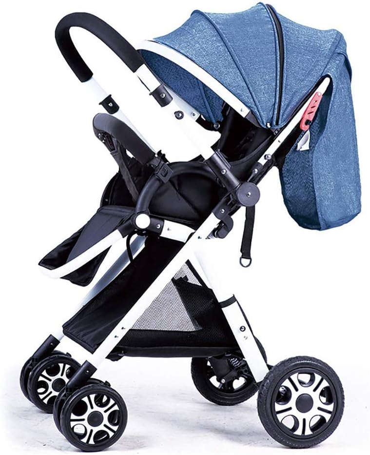 Stroller Handle Reversible Stroller Can Sit Down and Lie Down Ultralight Portable Collapsible Stroller White and Gold Frame (Color : Linen Blue)
