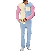 LecGee Mens 2 Piece Color Block Outfits Casual Long Sleeve Color Block Shirts and Pants Matching Set Sweatsuit