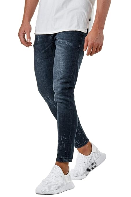 EightyFive Herren Denim Destroyed Jeans-Hose Skinny Fit 7/8 Zerrissen Blau EFJ3616