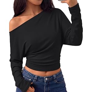 Trendy Queen Off the Shoulder Tops for Women 2026 Fall Cinched Waist Long Sleeve Shirts Casual Crop Tops