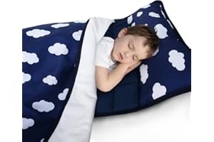 BILOBAN Toddler Nap Mat with Pillow and Blanket, Portable Nap Mats for Preschool Kindergarten Daycare Roll up Sleeping Bag for Kids Quilted Nap Mat, Super Soft & Cozy, Navy Cloud, 50" x 21"