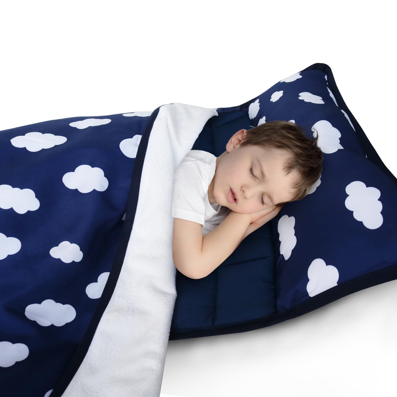 Photo 1 of **MINOR DAMAGED**
Toddler Nap Mat with Pillow and Blanket, Portable Nap Mats for Preschool Kindergarten Daycare Roll up Sleeping Bag for Kids Quilted Nap Mat, Super Soft & Cozy, Navy Cloud, 50" x 21"