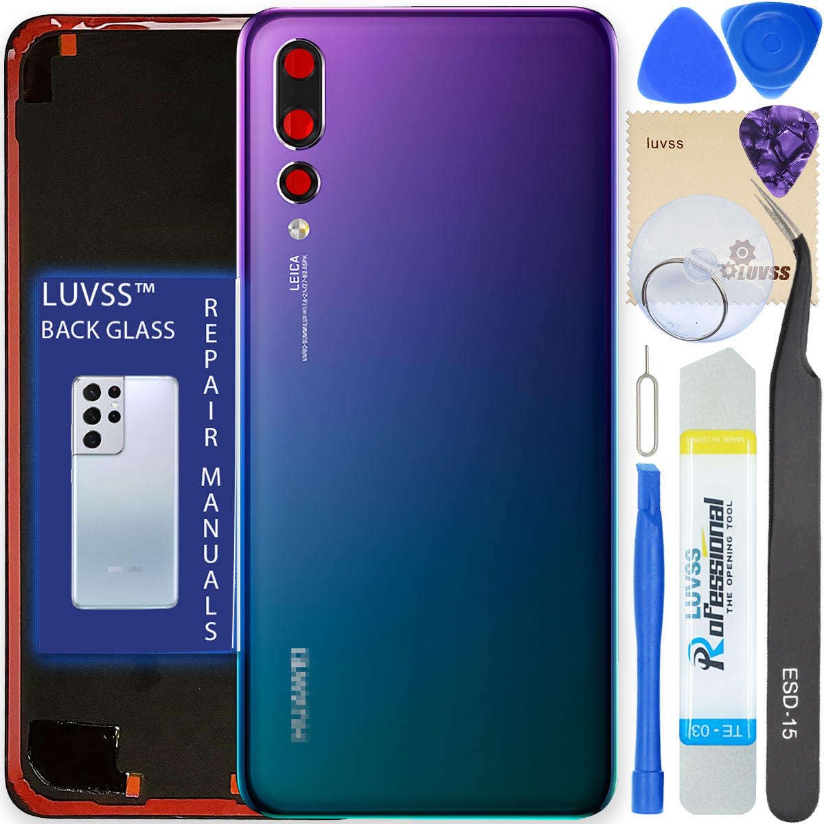 LUVSS Back Glass Cover Replacement Compitable for Huawei P20 Pro Rear Cover + Camera Lens + Repair Manual DIY Tools Kit (Aurora)