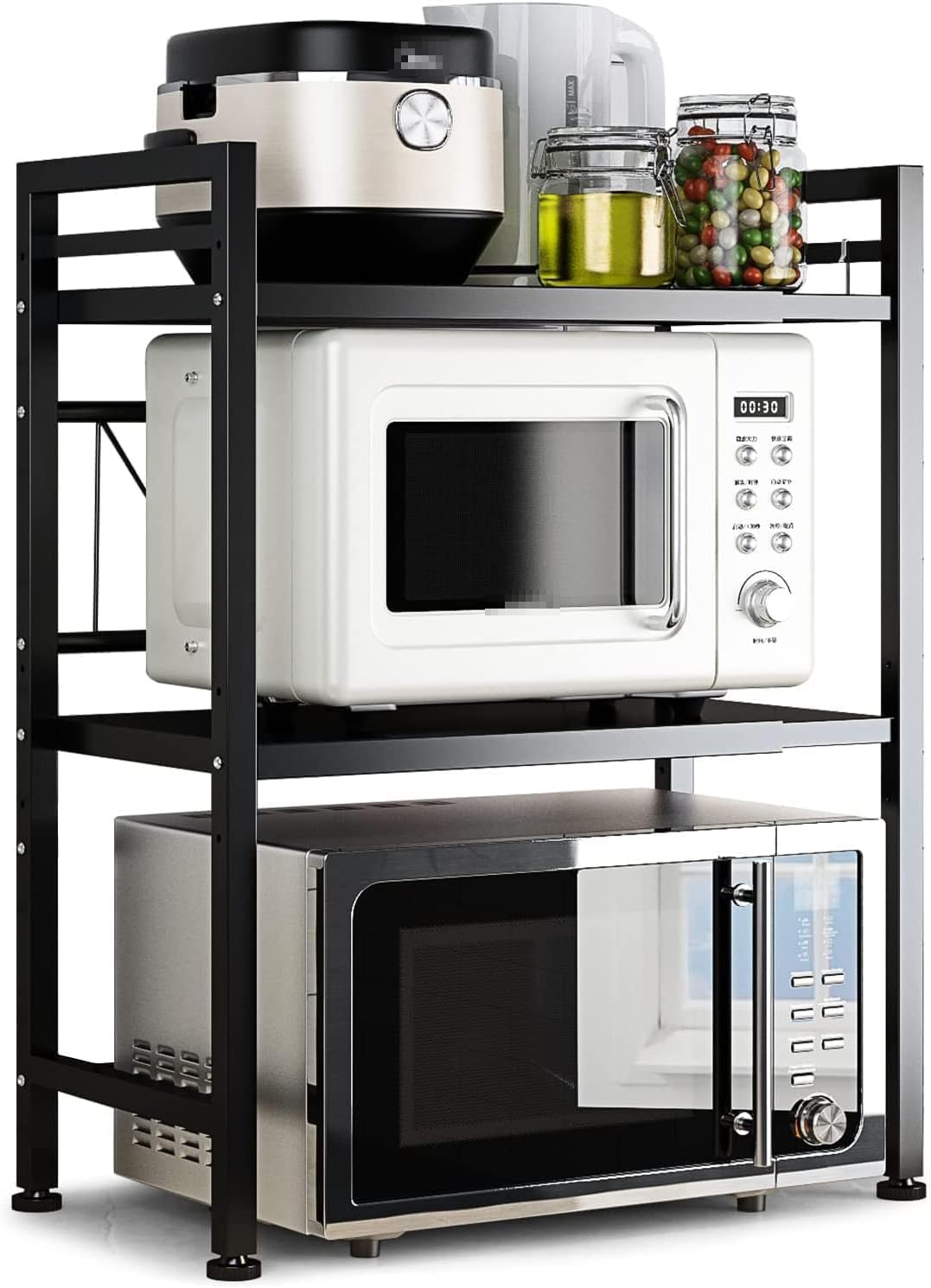 Photo 1 of DOLALIKE Microwave Oven Rack, Expandable Microwave Stand Countertop Kitchen Utensils Tableware Storage, Carbon Steel Over Microwave Shelf Countertop with 3 Hooks