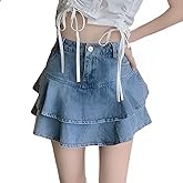 RILGOU Women Harajuku Y2K Pastel Goth Kawaii Fashion Casual Style High Waist Vintage Ruffle Layered Denim Short Skirt