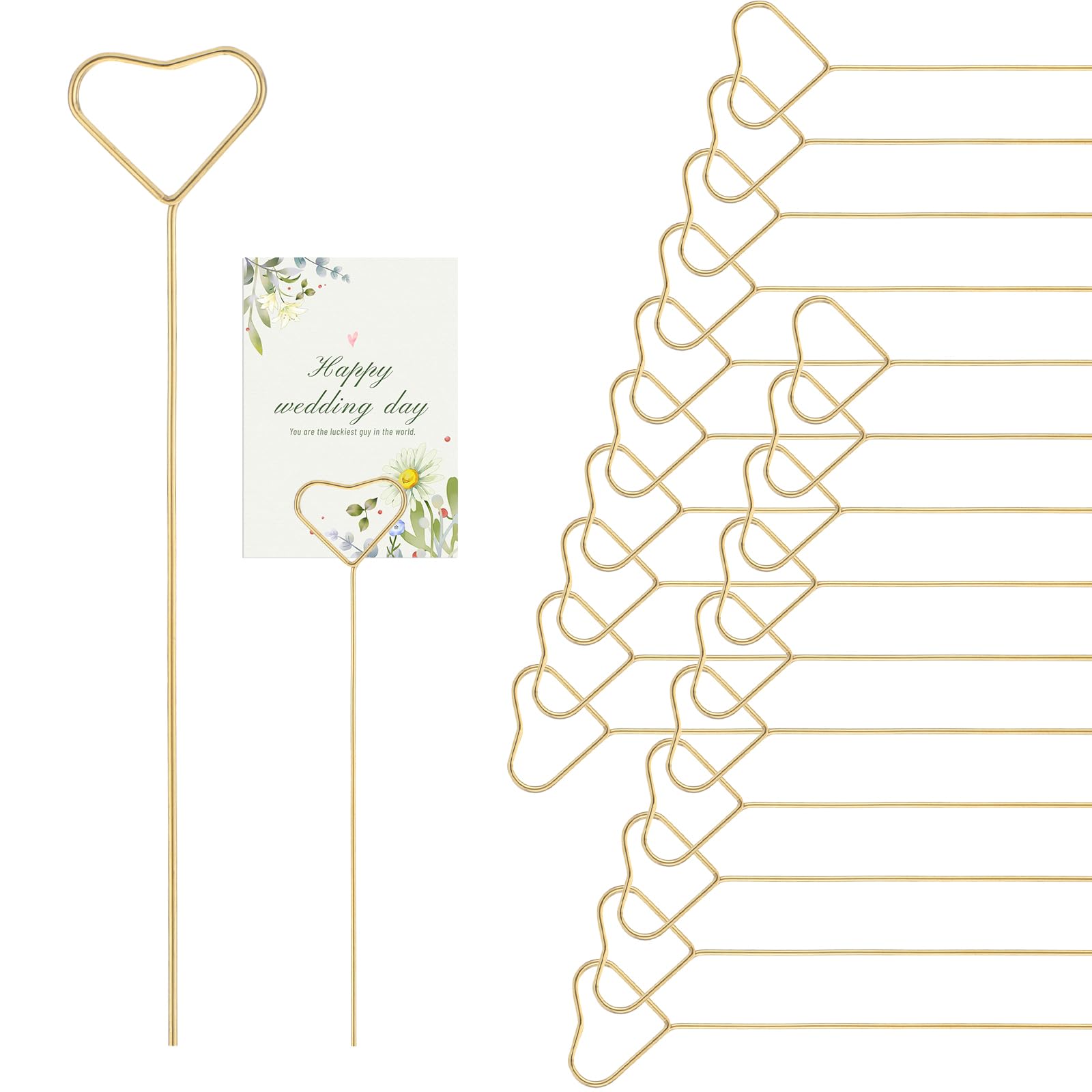Photo 1 of JIYIN 20Pcs Floral Card Holder Picks, 12.4" Metal Heart Shape Place Card Holders for Wedding Birthday Party Bouquet Decorations, Gold Photo Memo Gift Cards Clips