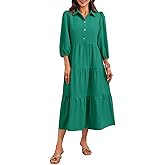 Wenrine Womens Casual 3/4 Sleeve Shirt Dress Button Down V Neck Tiered Collared Flowy Maxi Dress