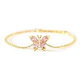 STORYJEWELLERY Butterfly Bracelet, Gold Plated Bracelets for Women, Dainty Charm Bracelet Adorned with Pink Cubic Zirconia, Butterfly Gifts for Women on Birthday Graduation Mother's Day