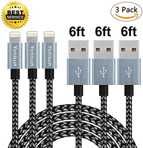 Yonisun Lightning Cable 3Pack 6FT Nylon Braided High Speed Charging USB Cable Cord for iPhone Charger 7/7 Plus/6/6s/6 Plus/6s Plus, iPhone5/5s/5c,iPad, iPod(Black+Gray)