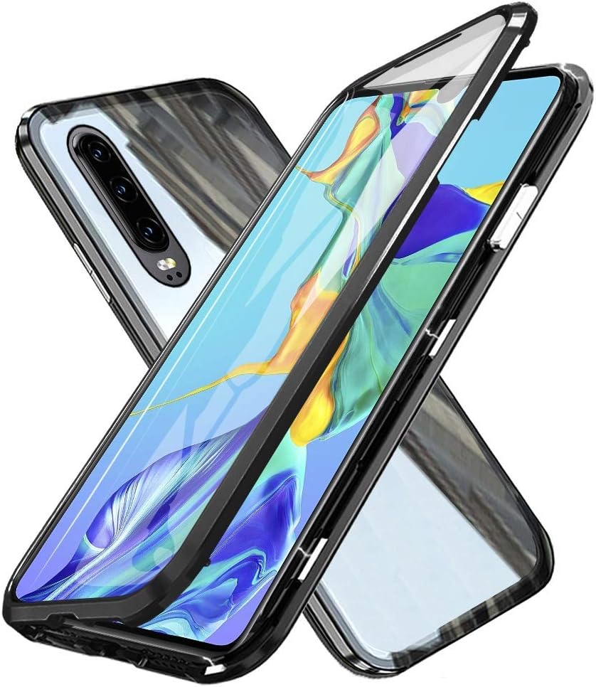 Fvntuey Compatible with Huawei P30 Lite/Nova 4e [Magnetic Adsorption Case] Metal Frame Clear Slim Fit [Ultra-Thin] Shell Tempered Glass Double Cover 360° Bumper Lightweight Cover for P30 Lite(Black)