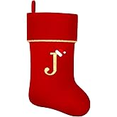 Personalized Christmas Stockings with Initials, 20 Inches Large Red Velvet Embroidered Monogram Xmas Stocking for Family Holiday Party Gifts Fireplace Decor(Letter J)