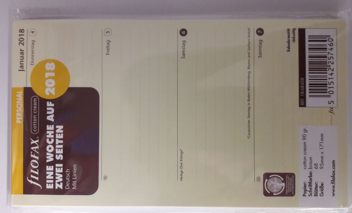 Filofax Personal Week on Two Pages Diary Cotton 000018 68458 Calendar (D) 2018