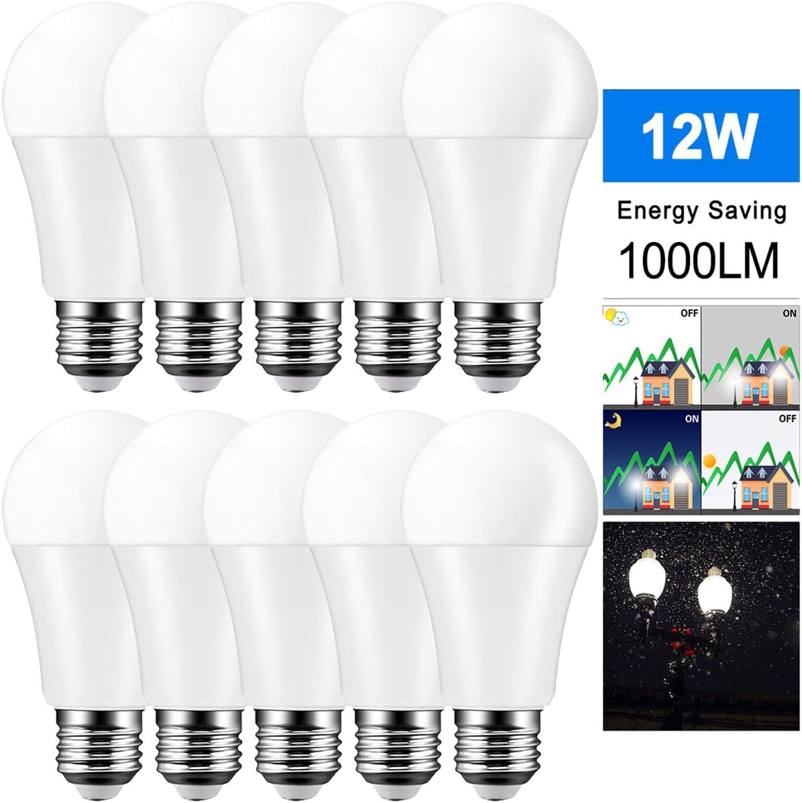 Dusk to Dawn Smart LED Bulb, DDSKY 10-Pack 12W 8LED Sensor Light E27 Auto On/Off LED Security Bulb Indoor Outdoor Lighting Lamp for Garden Garage Porch Yard, Cool White