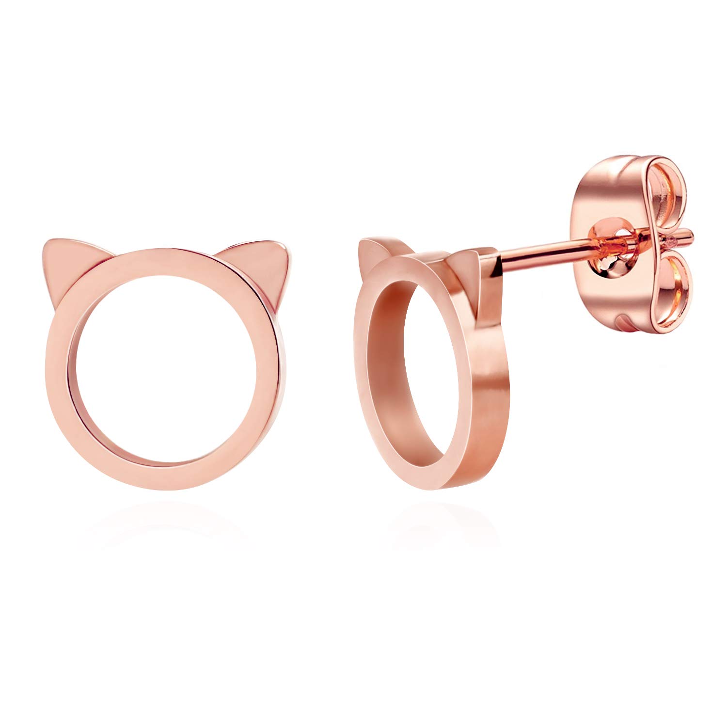 ELBLUVF 18k Rose Gold Plated Stainless Steel Cat Ears Earrings Cat Stud Earrings