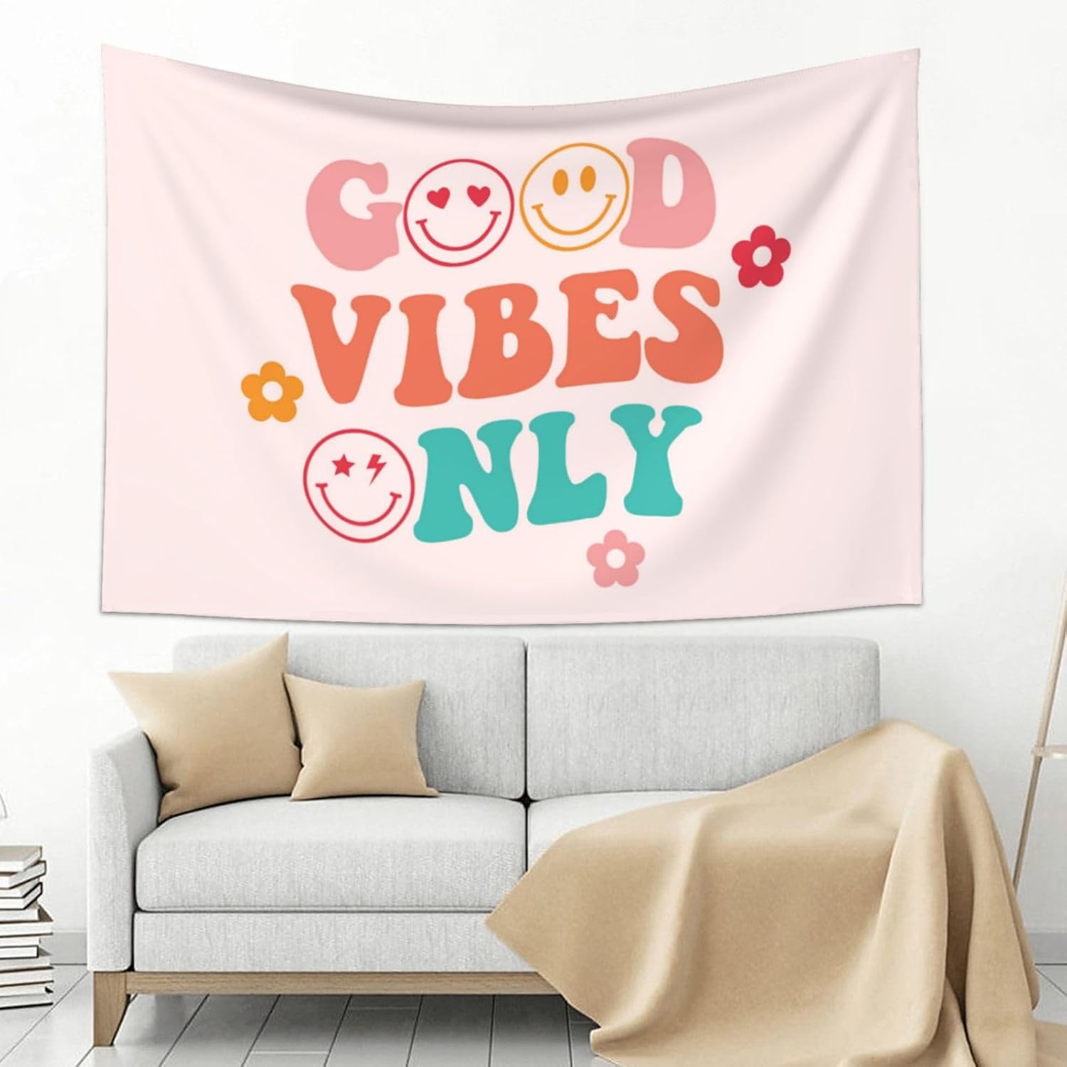 Tapestries - Good Vibes Only Peach Pink Tapestry for Bedroom Teen Girl, Preppy Tapestry Quote Banner Wall Hanging Flag for Classroom Living Room College Dorm Home Decor Party Decorations Aesthetic Art, 40