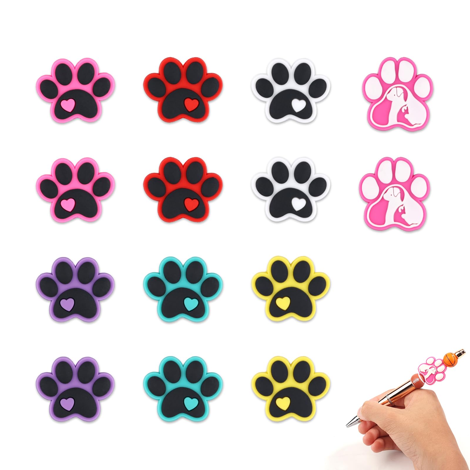 14pcs Dog Paw Silicone Beads, Cute Paw Print Spacer Beads Charms Silicone Focal Beads for Beaded Pens Keychain Making DIY Bracelet Lanyard Crafts