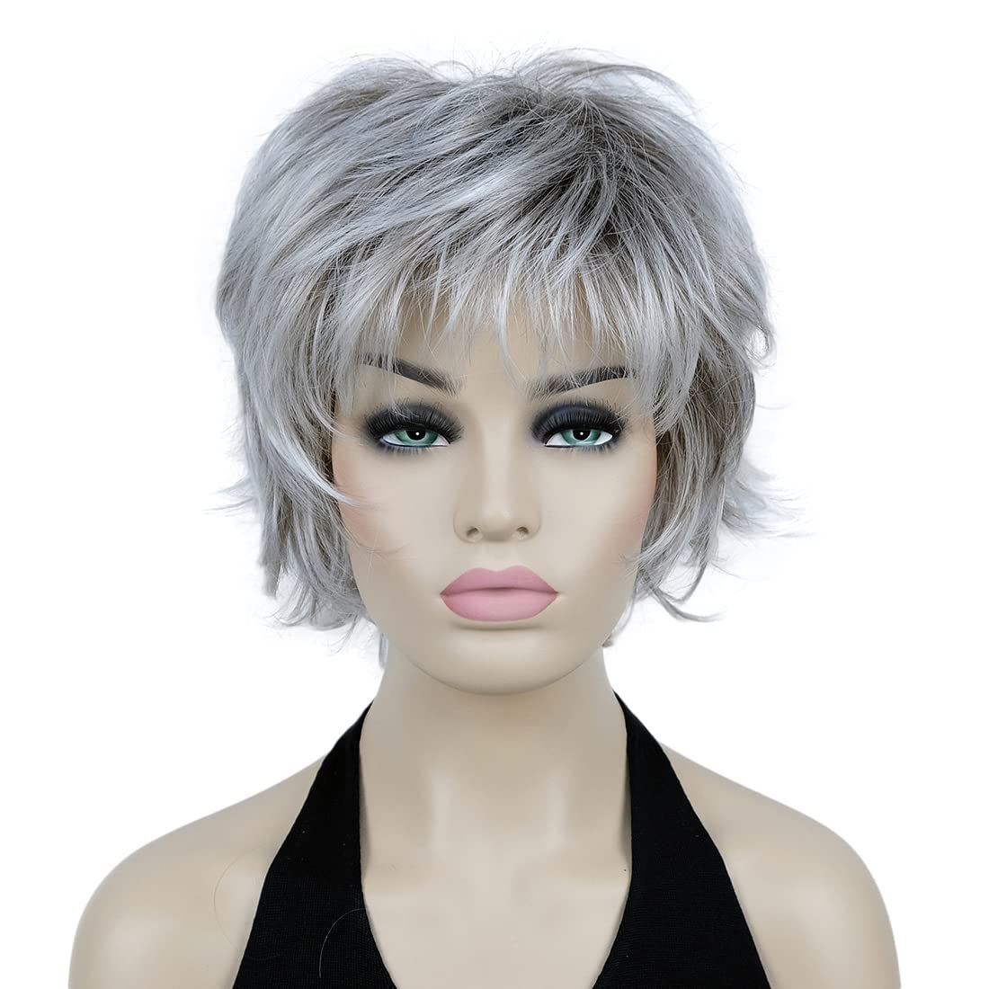 Lydell Short Layered Shaggy Wavy Full Synthetic Wigs (48T Light Gray with Dark Root)