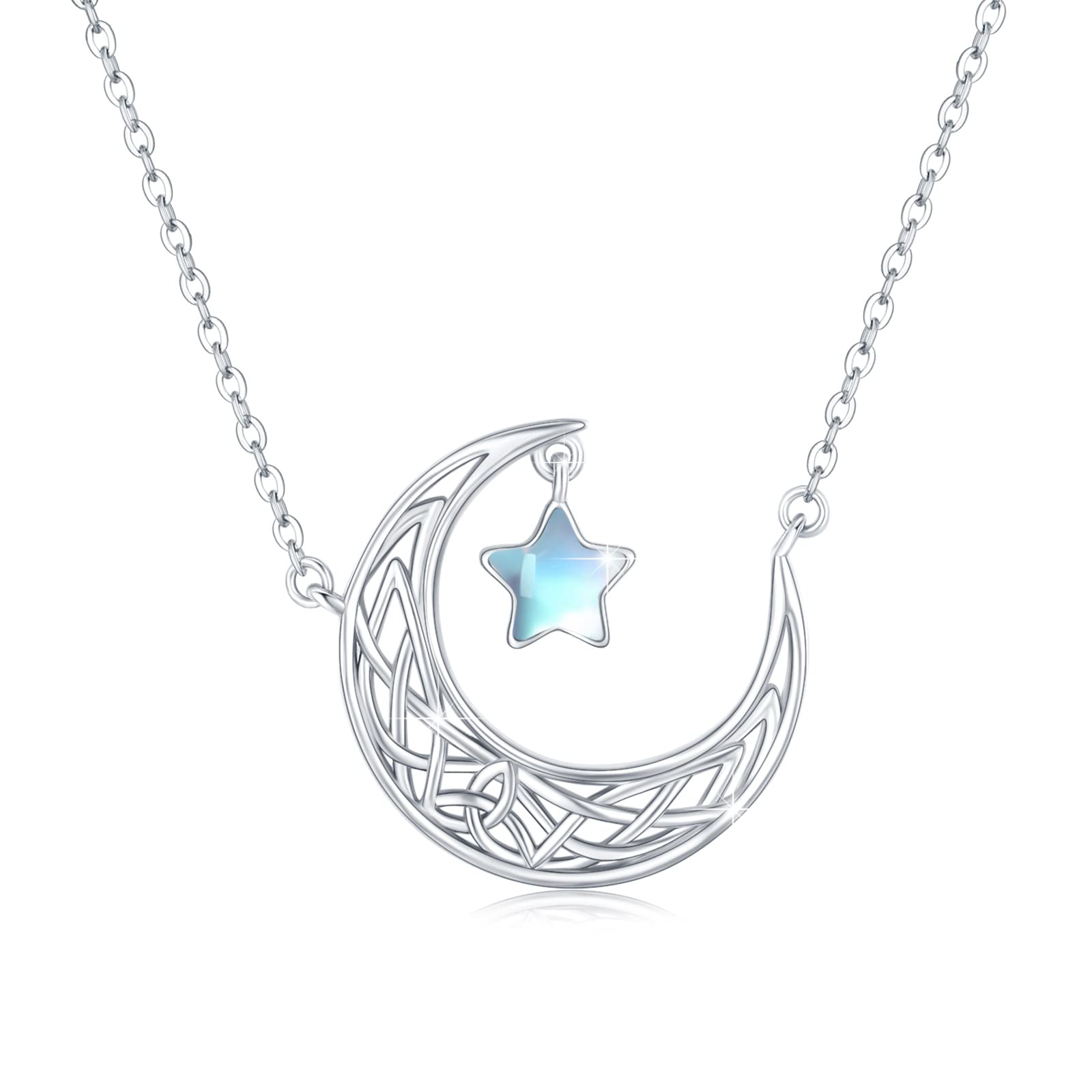 JFASHOP Moon Star Necklace for Women 925 Sterling Silver Celtic Knot Pendant Star Moonstone Crescent Necklaces Moonstone Jewellery Valentines Gifts for Girls Teen Kids
