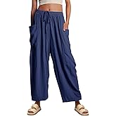 utcoco Womens Baggy Linen Pants Casual Loose Fit Drawstring Wide Leg Harem Pants with Pocket