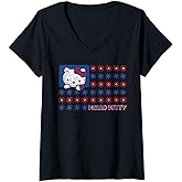 Womens Hello Kitty USA Red White Blue Americana Daisies Flag V-Neck T-Shirt