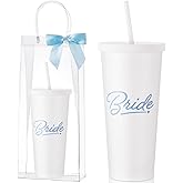 Honeydak Something Blue Gift for Bride Wedding Bride Cup Funny 20 oz Bridal Tumbler with Lid Straw and Clear Gift Bag Bowknot for Bridal Shower Wedding Engagement Bachelorette Party Supplies (White)