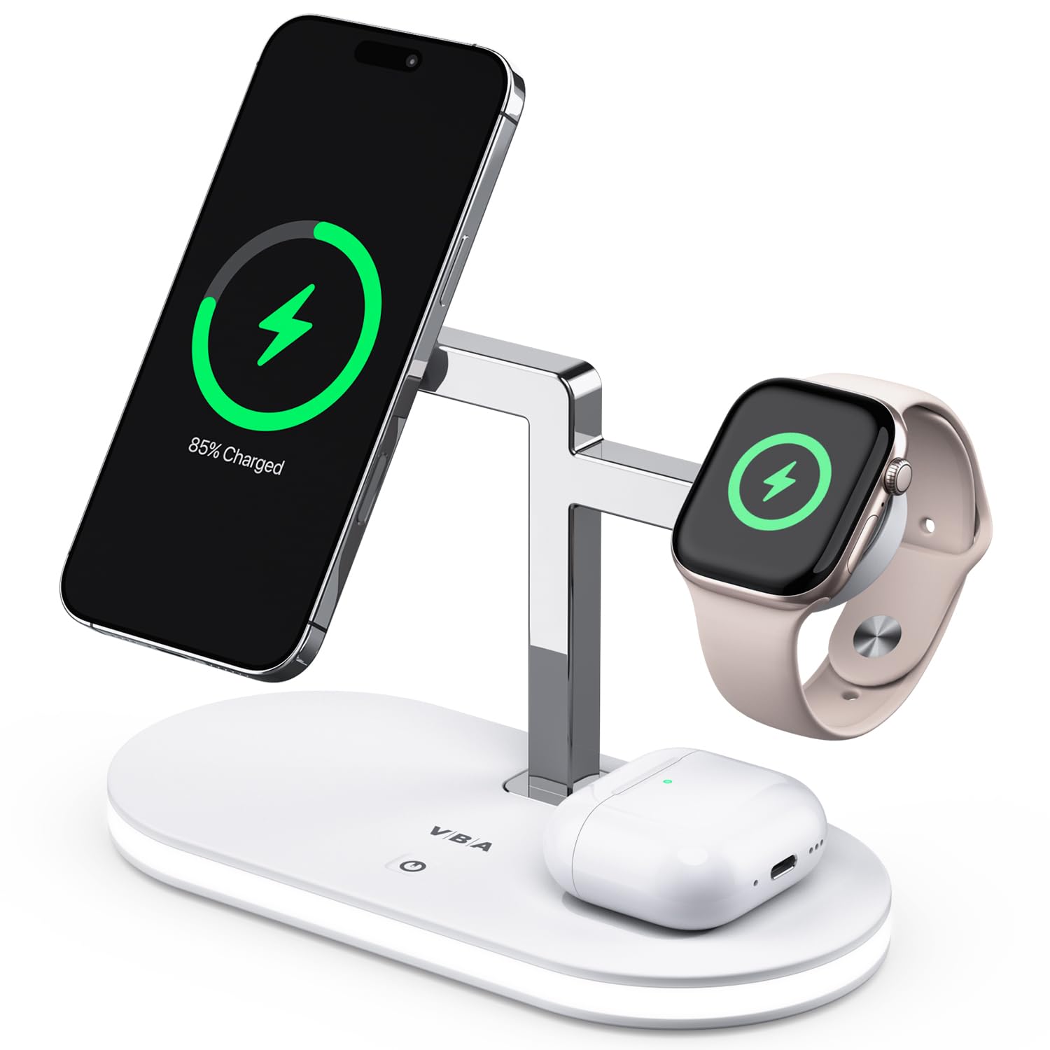 VBA 4 in 1 Wireless Charging Station for Apple MagSafe Charger,Fast Charging Magnetic Wireless Charger Stand with Night Light for iPhone 17 Air 16 15 14 13 12 Series,Apple Watch,AirPods Pro (White)