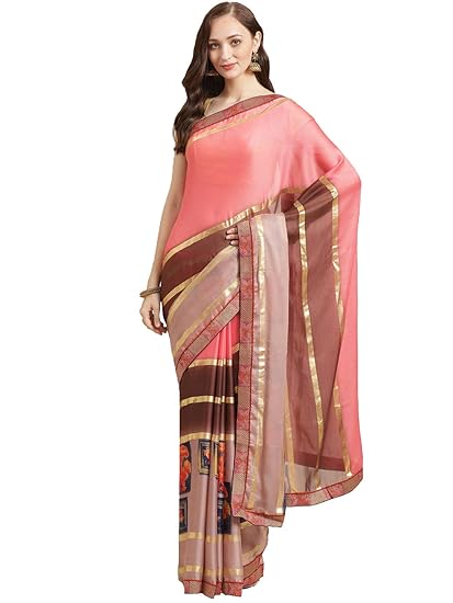 Shaily Womens Georgette Floral Print with Printed Lace Border Saree[Multi]