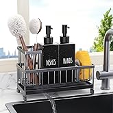 Cisily Kitchen Soap Dispenser Set with Sink Caddy, 12 Oz Glass Bottle, Hand and Dish Soap Dispenser Set with Sponge Holder, Black Stainless Steel Kitchen Countertop Sink Organizer Accessories