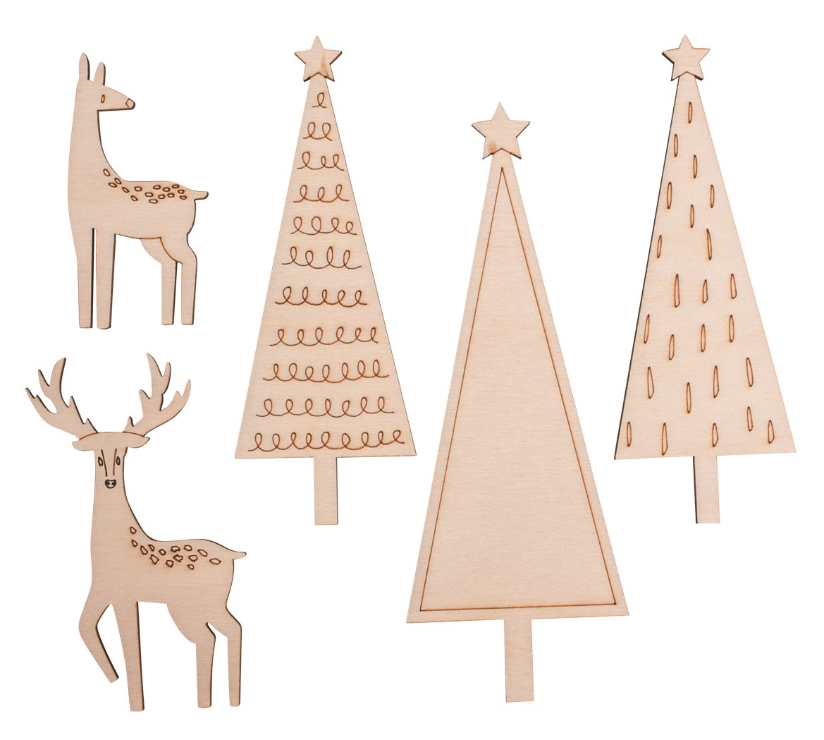 Rayher 46316000 Fir Tree, Deer and Stag Wooden Shapes, Natural wood cutouts for Woodworks, Papercrafts and Decoration, 5 Piece Set