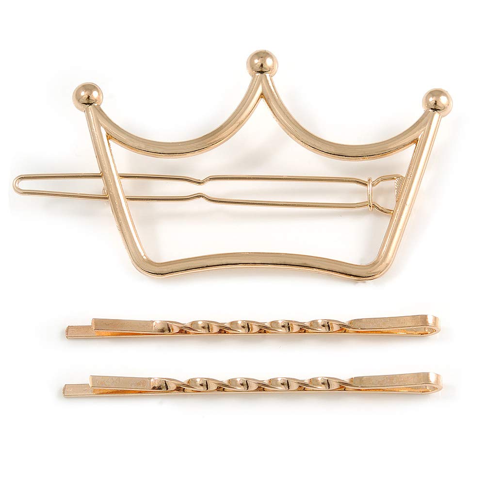 Set Of Twisted Hair Slides and Open Crown Hair Slide/Grip In Gold Tone Metal