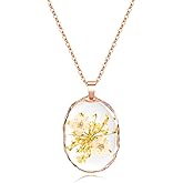 jayden Daffodil Necklace for Women,March Birth Flower Necklace,Symbol of Rebirth and Hope,Daffodil and Queen Anne's Lace Pressed Flower Necklace,Handmade Personalized Necklaces,Teardrop Pendant - 18"