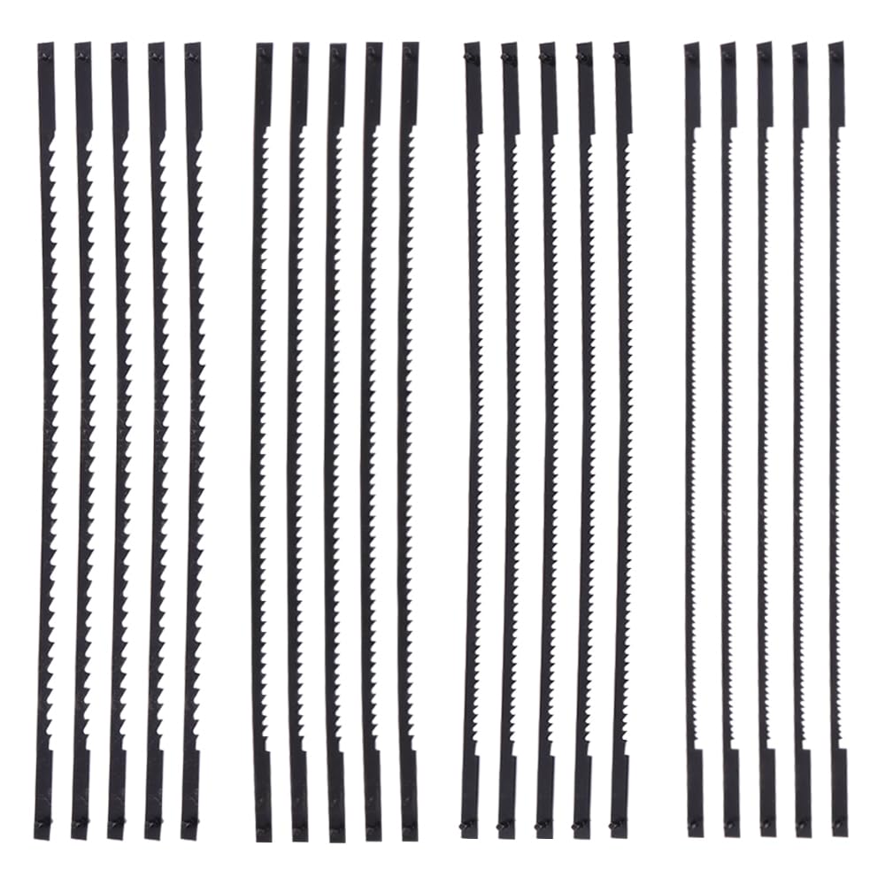 VooGenzek 20 PCS Scroll Saw Blades Set, 10/15/18/24 Teeth Carbon Steel Coping Saw Blade, Pinned Scroll Saw Blade, for Sawing Wood, Plastic, Foam, Soft Metals, 5 Pieces of Each Size