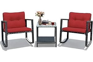 Tangkula 3 PCS Wicker Rocking Bistro Set, Outdoor Rocking Chair Furniture Set w/Cushioned Seat, Conversation Set w/Glass Coff