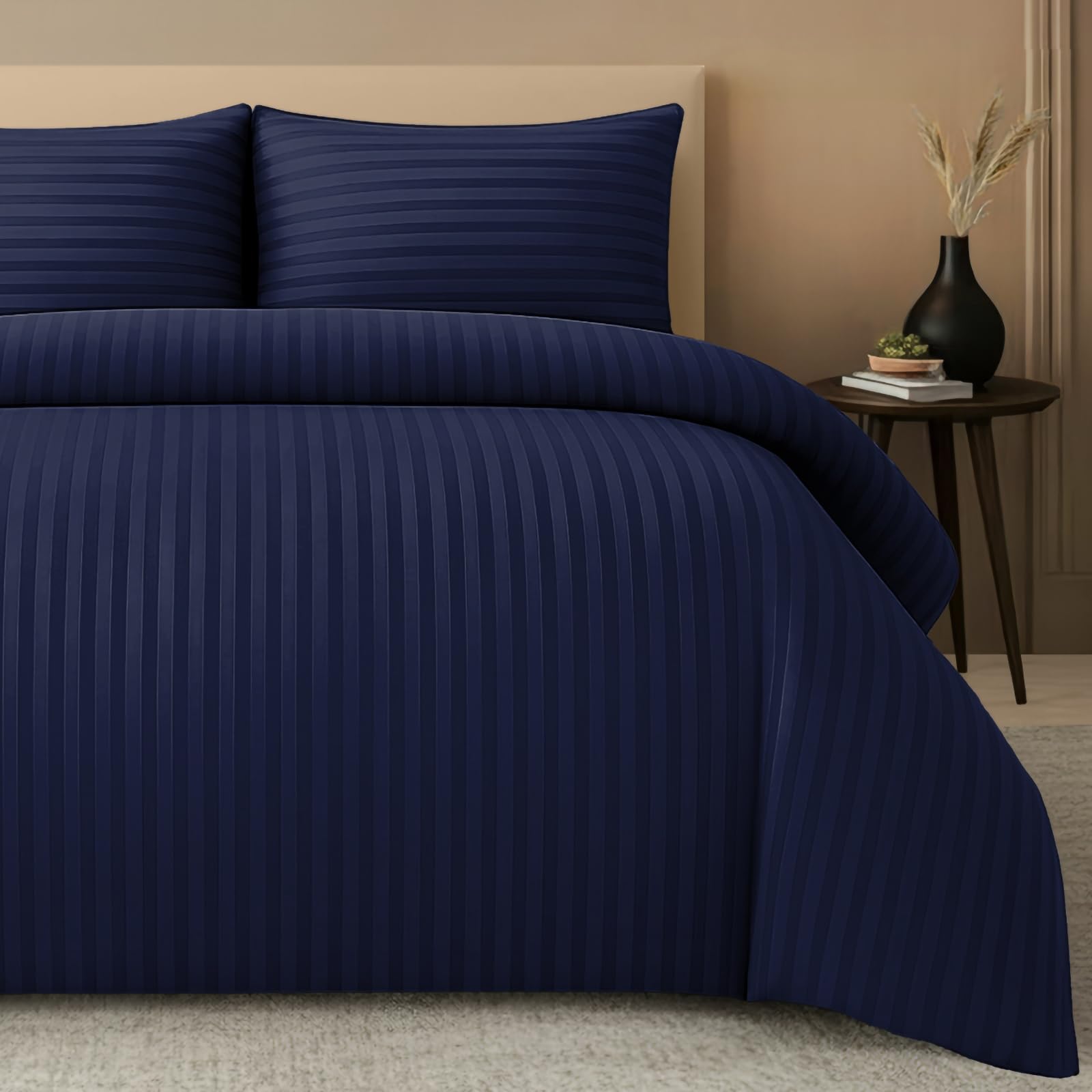 Pamposh Satin Stripe Super King Duvet Set - Premium Hotel Quality Quilt Cover Bedding Sets - Hypoallergenic Ultra Soft Microfiber Bed Linen