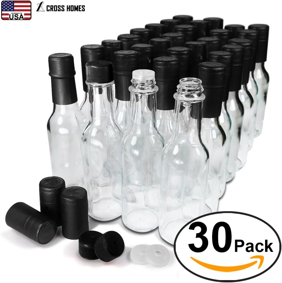 Hot Sauce Woozy Bottles Empty 5 Oz Complete Sets of Premium Commercial Grade Clear Glass Dasher Bottle with Shrink Capsule, Leak Proof Screw Cap, Snap On Orifice Reducer Dripper Insert (Black 30 Sets): Home Improvement