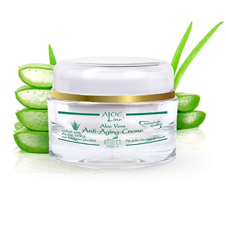 Aloe Vera 24h Anti Aging Gesichtscreme (50ml) enthält 60% Aloe Vera, Q10, Avocadoöl, Sheabutter, Hyaluronsäure, Pfirsichkernö