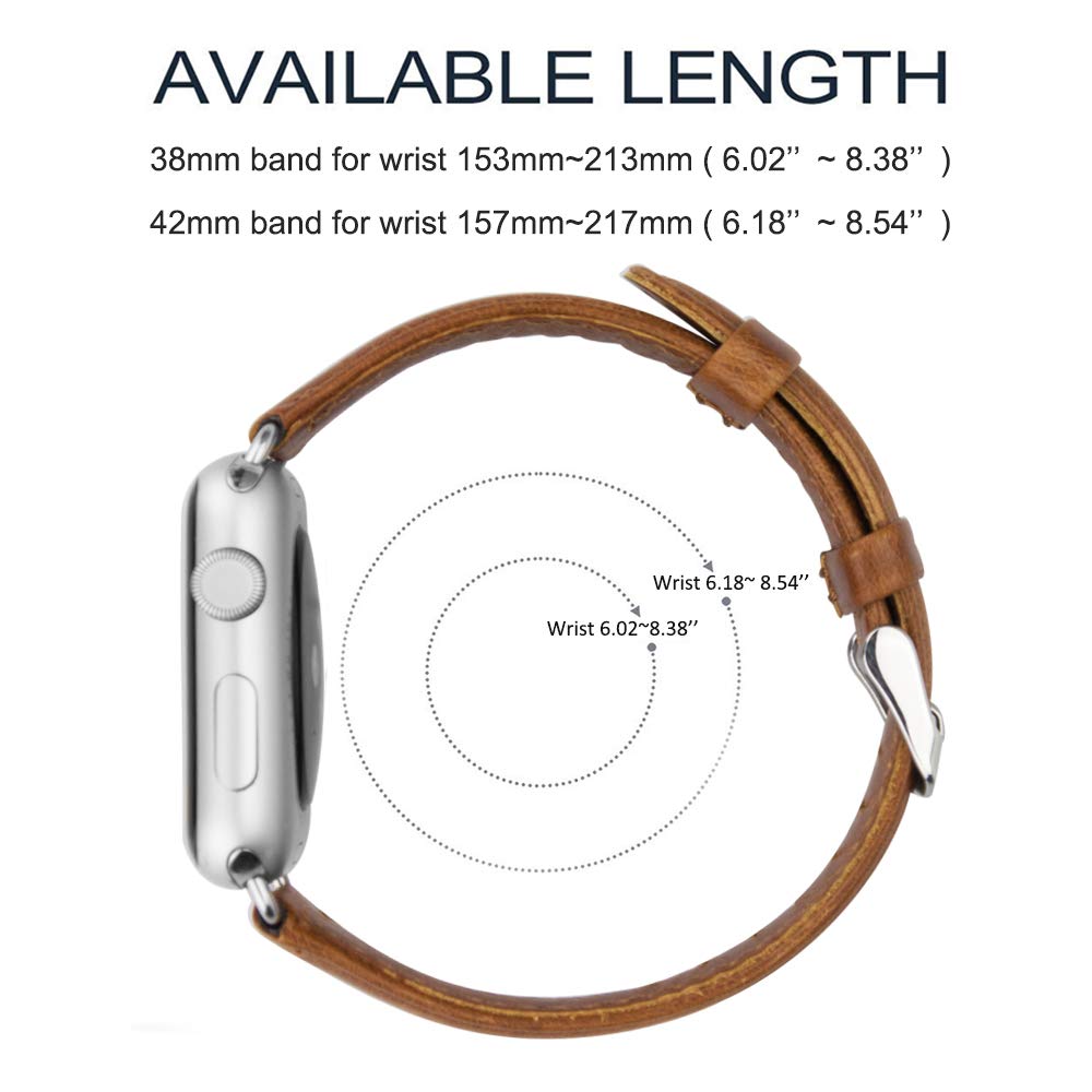 Apple Watch Leather Band, 42mm Vintage Apple Watch Series 3 Band Genuine Leather Replacement Band with Classic Stainless Steel Buckle for All 42mm Apple Watch Series 1 & Series 2 (42mm Brown)