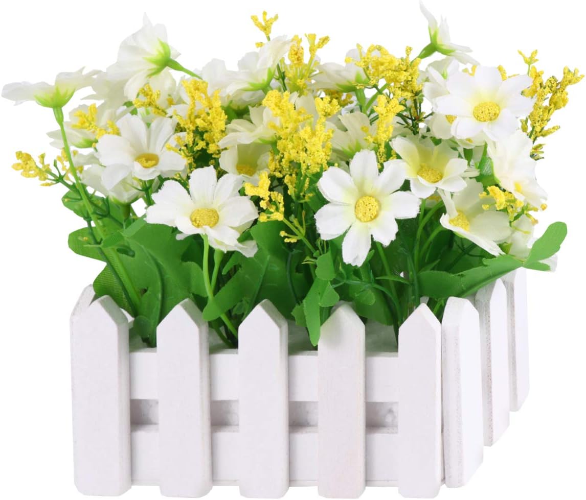 Garneck Artificial Daisy Pot Artificial Potted Flowers Pot Plant Flower Decorative Flower Pot for Home Indoor Outdoor with Fence White