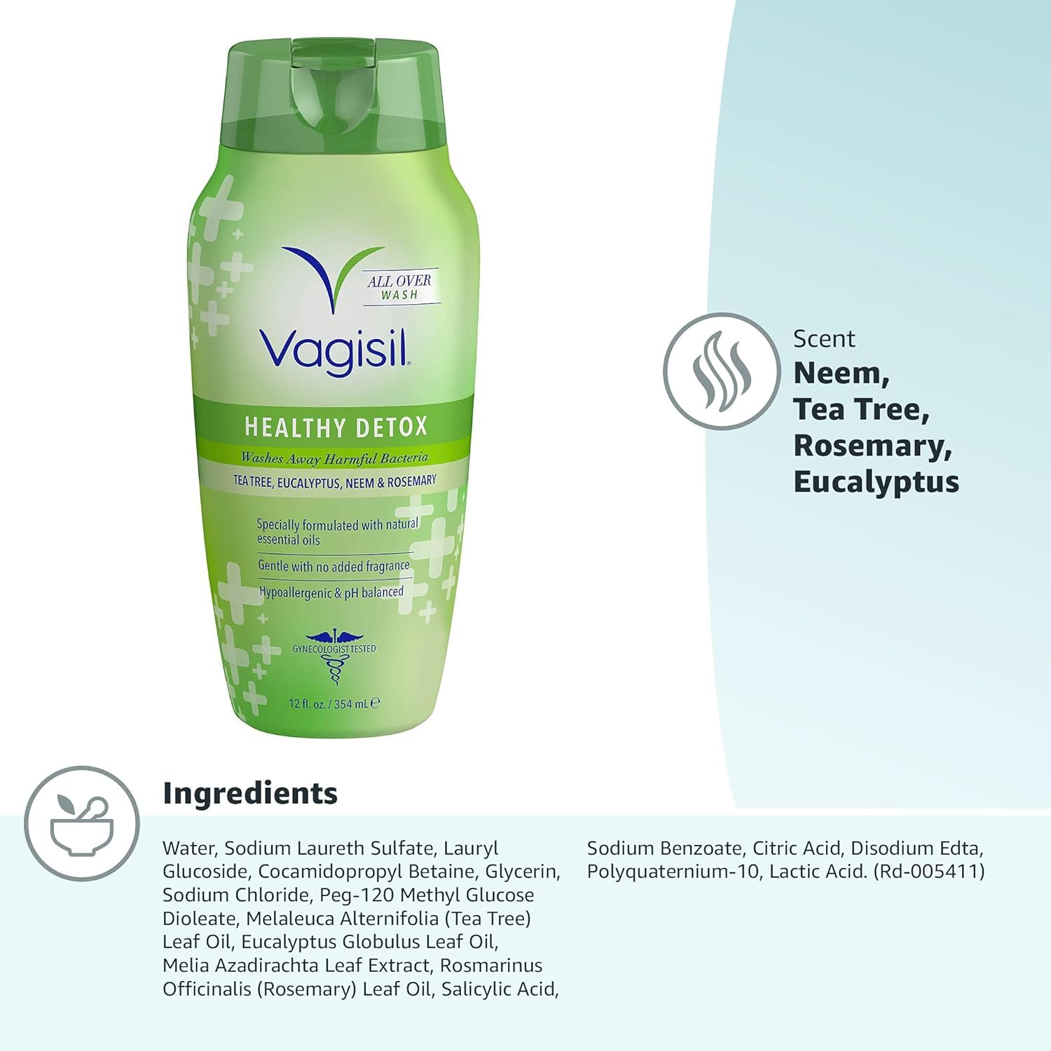 Vagisil Feminine Wash for Intimate Area Hygiene, Healthy Detox, All Over Body Wash for Women, Gynecologist Tested, Hypoallergenic and pH Balanced, 12 Fl Oz (Pack of 1)